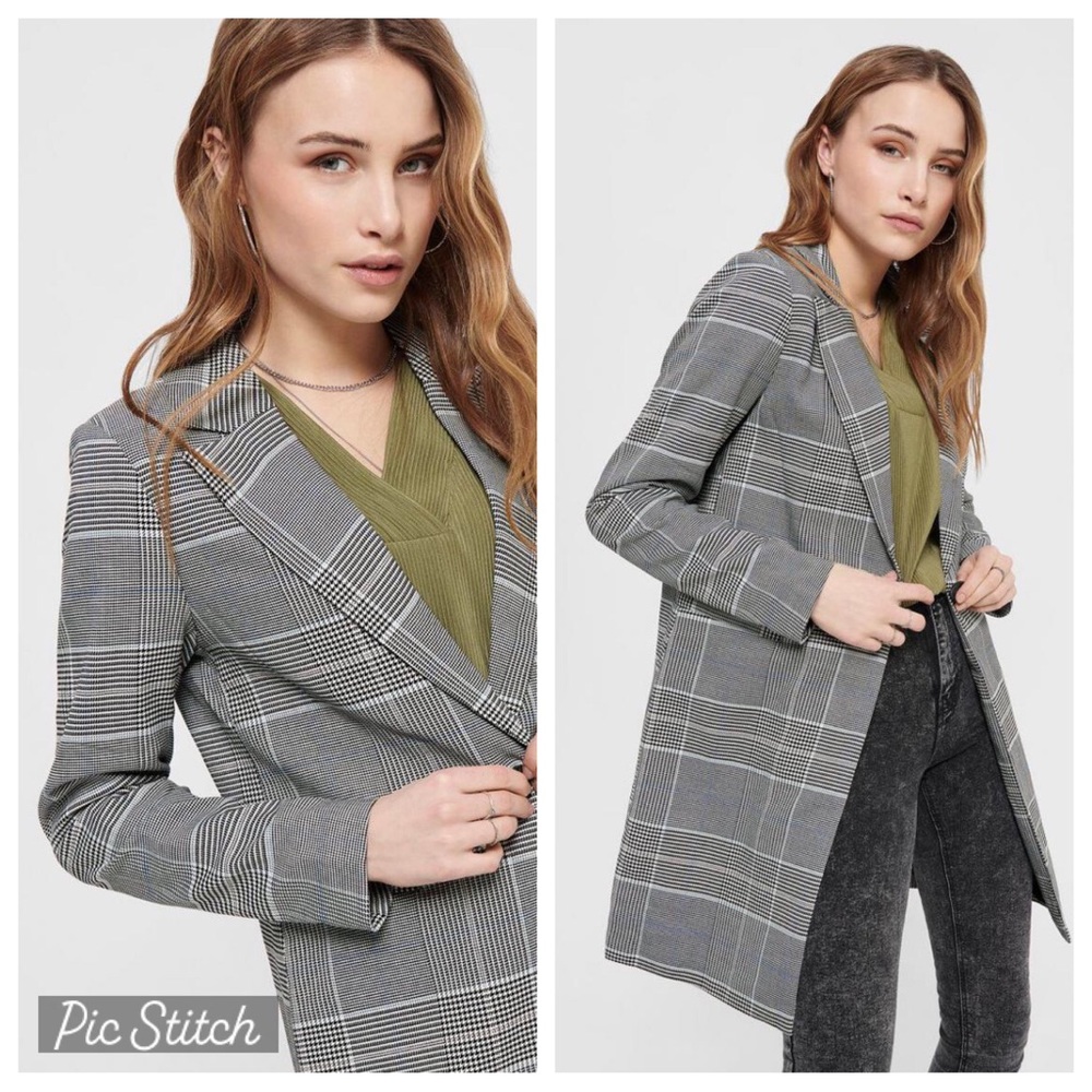 Only Checked Plaid Print Single Breasted Long Jacket Coat Preppy Classic size M